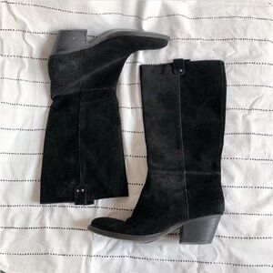 Vintage Retro Style Black Suede Leather Knee High Boots Chunky Heel Sz 9.5